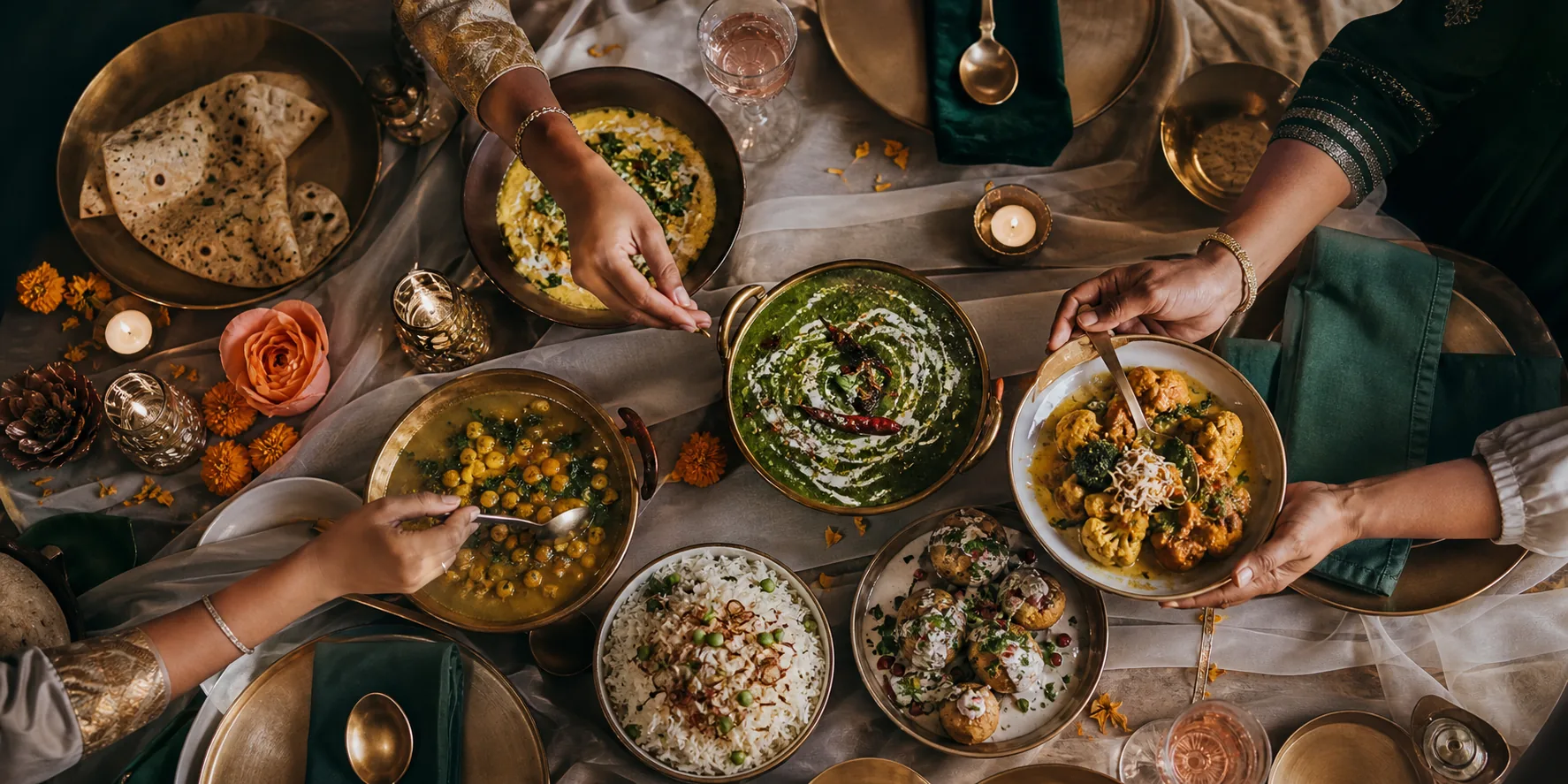 Guests sharing an elegant table of Indian dishes